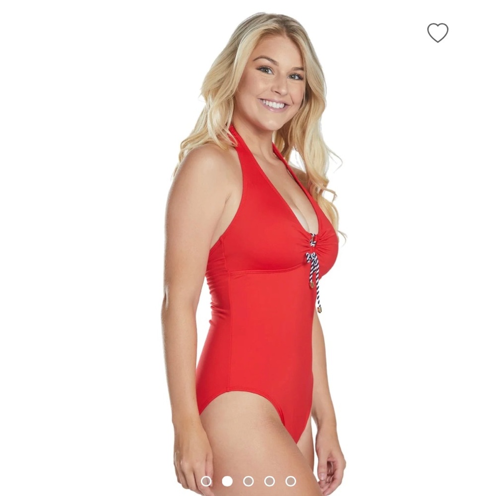 NWT Lauren Ralph Lauren Red Beach Club Solids Laced Halter One Piece Swim Size 8